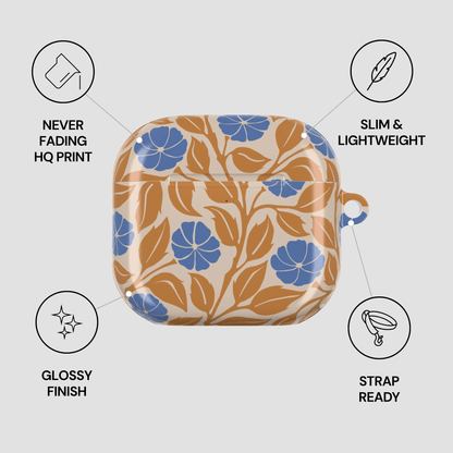 A floral-patterned AirPods case shown on a light gray background with four callout icons and text describing product features: never fading HQ print, slim and lightweight, glossy finish, and strap ready.