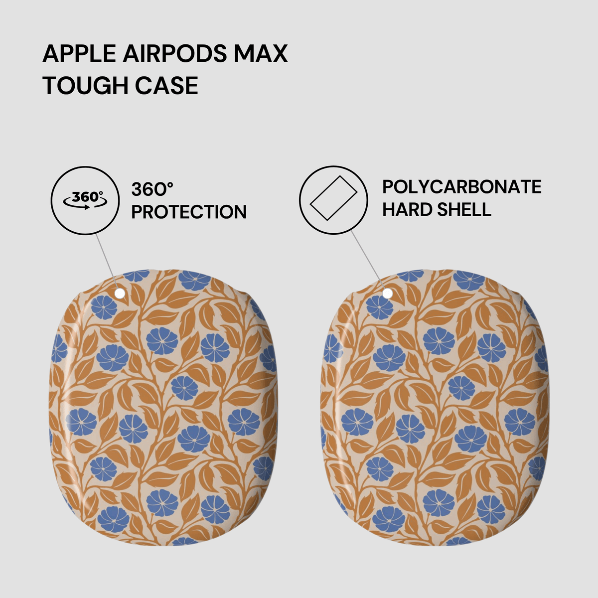 Two decorative Apple AirPods Max protective cases with a blue floral pattern on a tan and brown background, shown on a light gray background with feature callouts for 360° protection and polycarbonate hard shell.