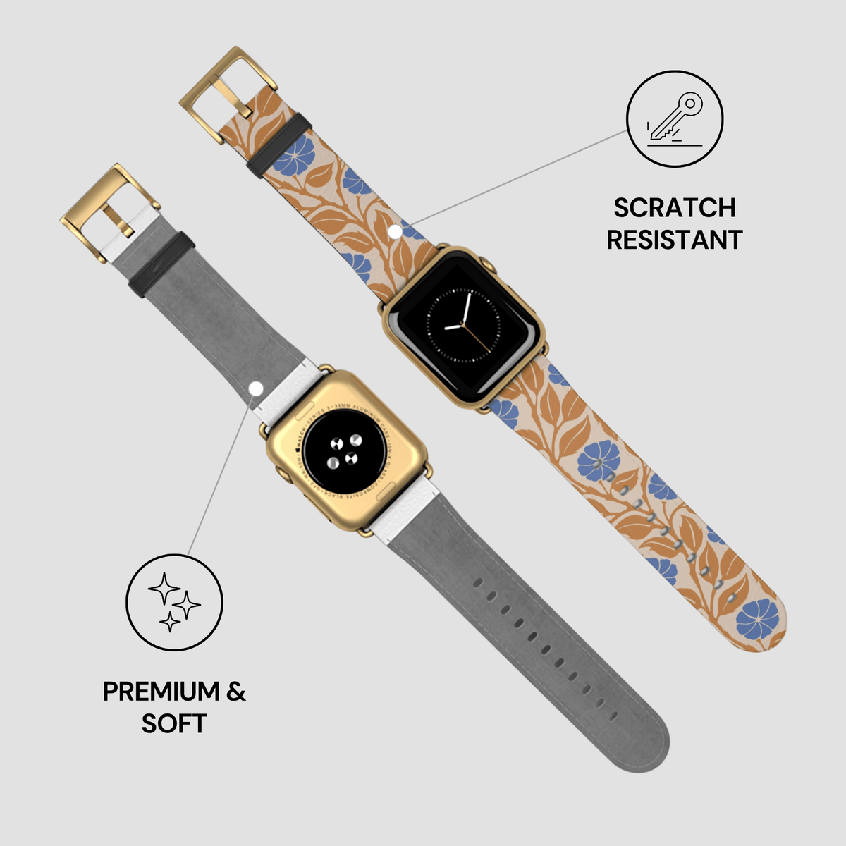 Two smartwatch bands shown on watch faces against a light gray background, with callout icons and text reading 'SCRATCH RESISTANT' and 'PREMIUM & SOFT.' The left band is solid gray with a gold buckle; the right band has a tan floral pattern with blue flowers and gray edges, plus a gold-tone watch case shown attached.