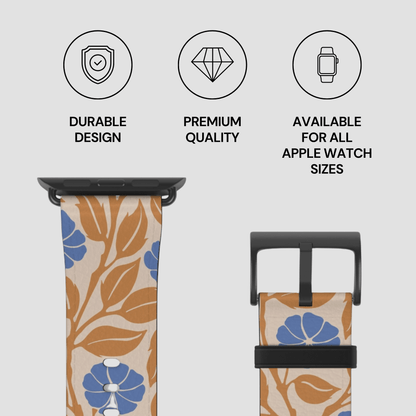 A smartwatch band with a beige background and a blue and brown floral pattern, shown on a watch with a black case. The image includes three circular icons at the top with text reading 'DURABLE DESIGN', 'PREMIUM QUALITY', and 'AVAILABLE FOR ALL APPLE WATCH SIZES'.