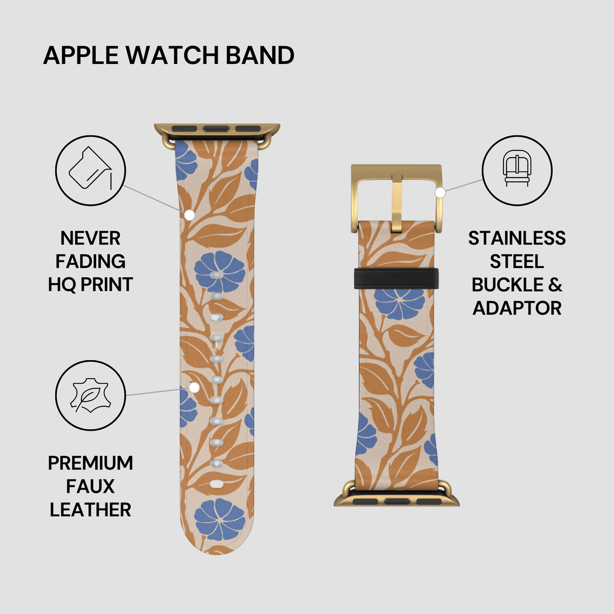 An Apple Watch band with a floral print pattern, shown in two views on a light gray background with feature callouts. The left view shows the strap from the side with a beige base, brown leaf pattern, blue flowers, and gold-toned hardware.