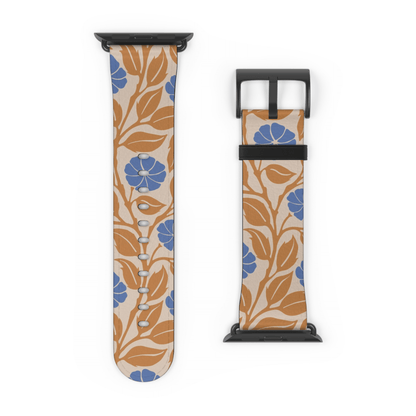 Two views of a smartwatch band with a beige background, a brown leaf pattern, and blue flower motifs, shown on a plain white background.