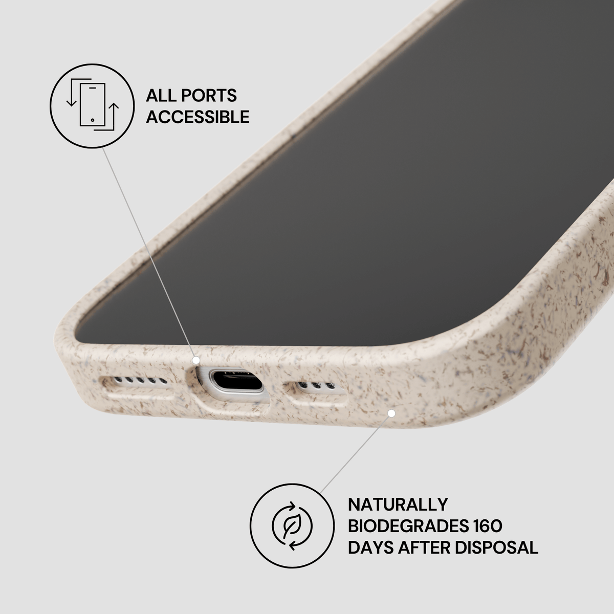Phone case with accessibility features and biodegradability text on a light gray background