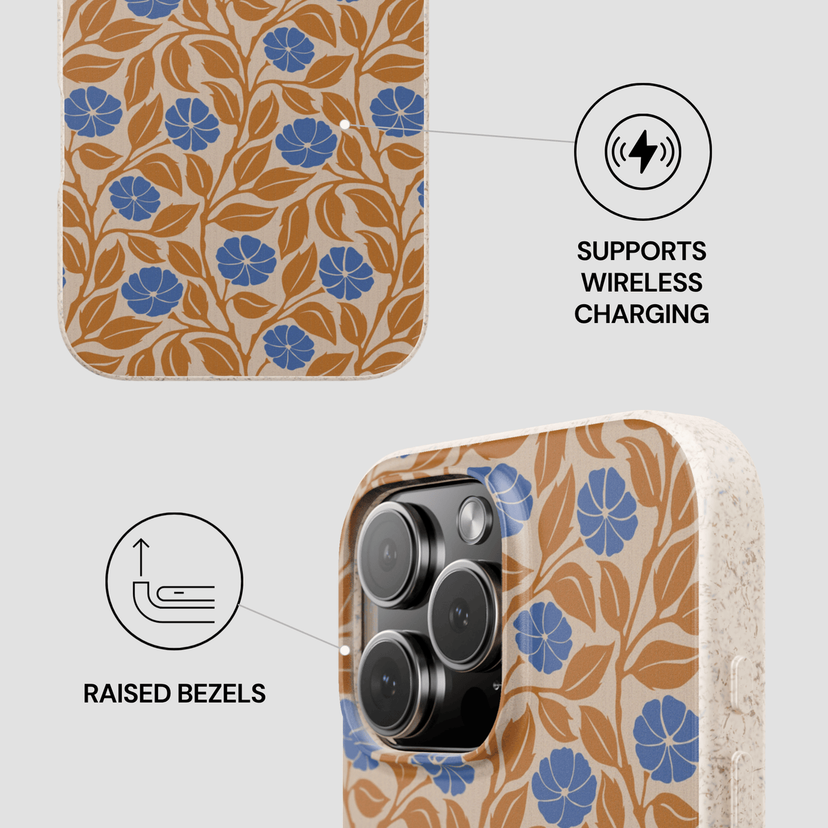 A floral-patterned phone case shown on a smartphone with callout graphics. The top inset shows the case pattern alone: a warm beige background with blue flowers and tan leaves.