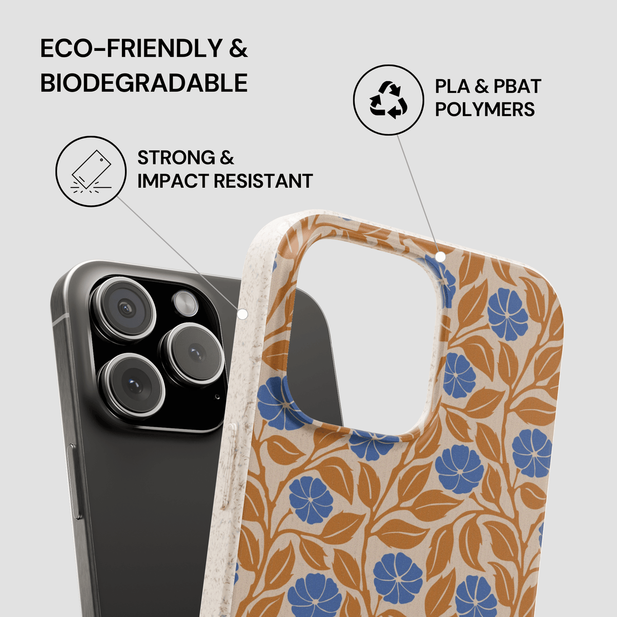 A phone case with a beige background and a blue and brown floral pattern, shown next to a black smartphone. The image includes text and icons highlighting eco-friendly and impact-resistant features.