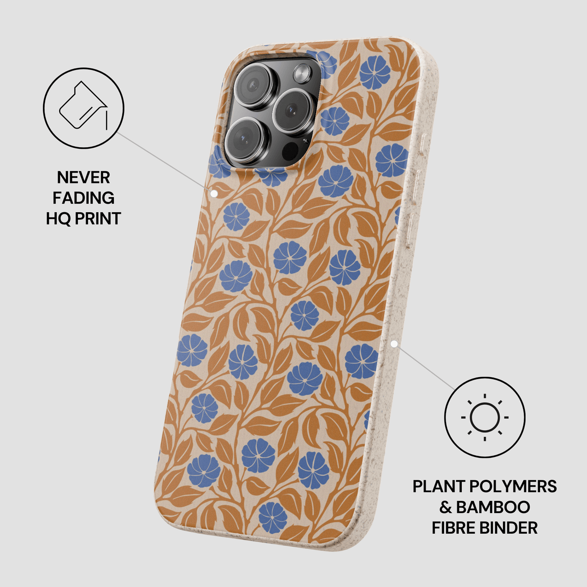 A phone case with a botanical pattern of blue flowers and brown leaves on a beige background, shown on a light gray background with feature callout text and icons.