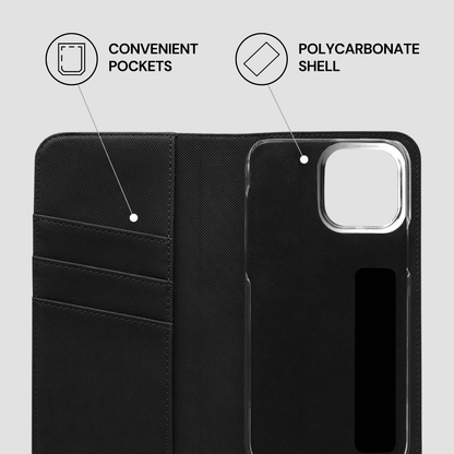 Black phone case with text labels indicating 'Convenient Pockets' and 'Polycarbonate Shell' on a light gray background.