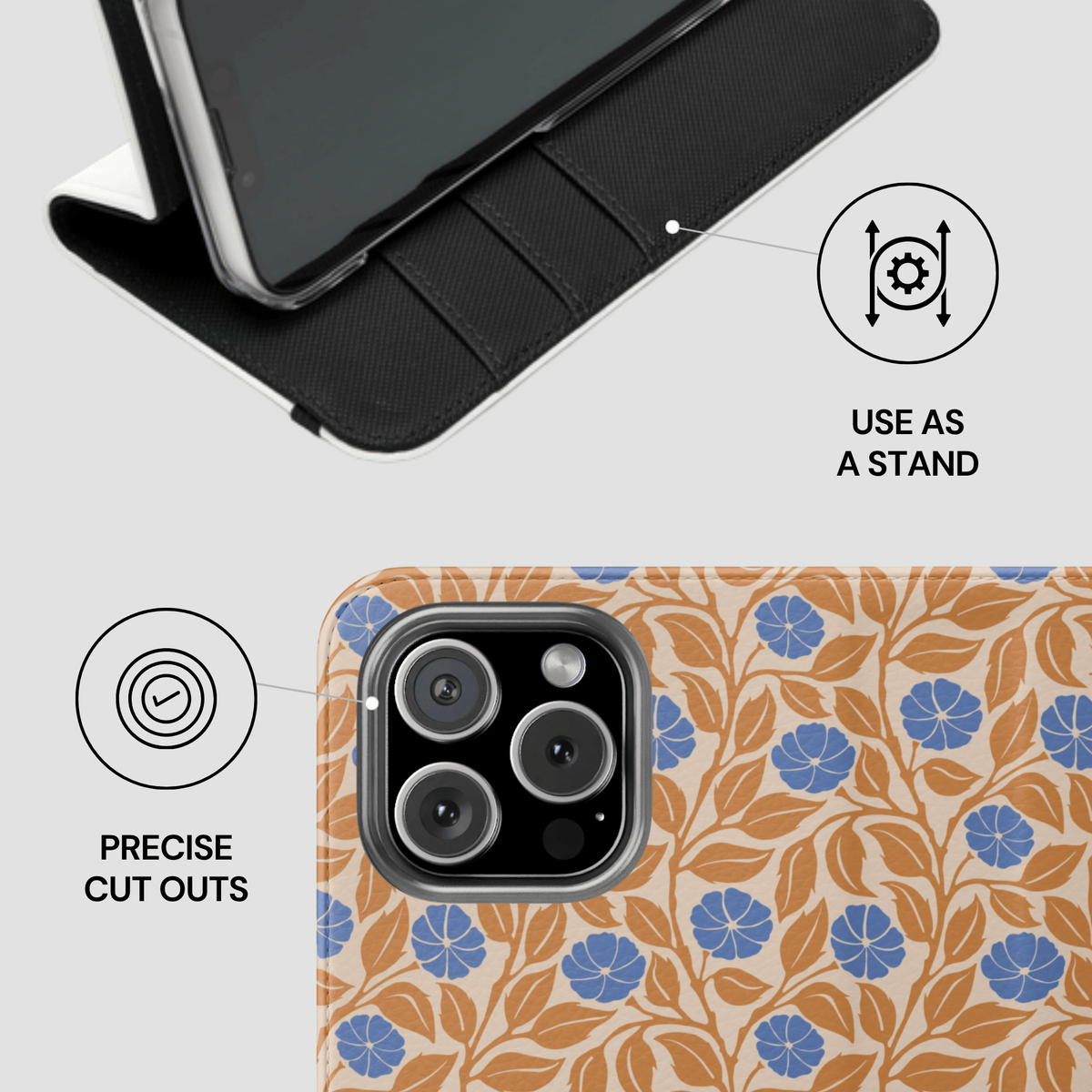 A phone wallet case shown in a split infographic: the top half shows a black case holding a phone and labeled 'USE AS A STAND'; the bottom half shows a floral-patterned back with blue flowers and tan leaves, plus a camera cutout callout labeled 'PRECISE CUT OUTS'.