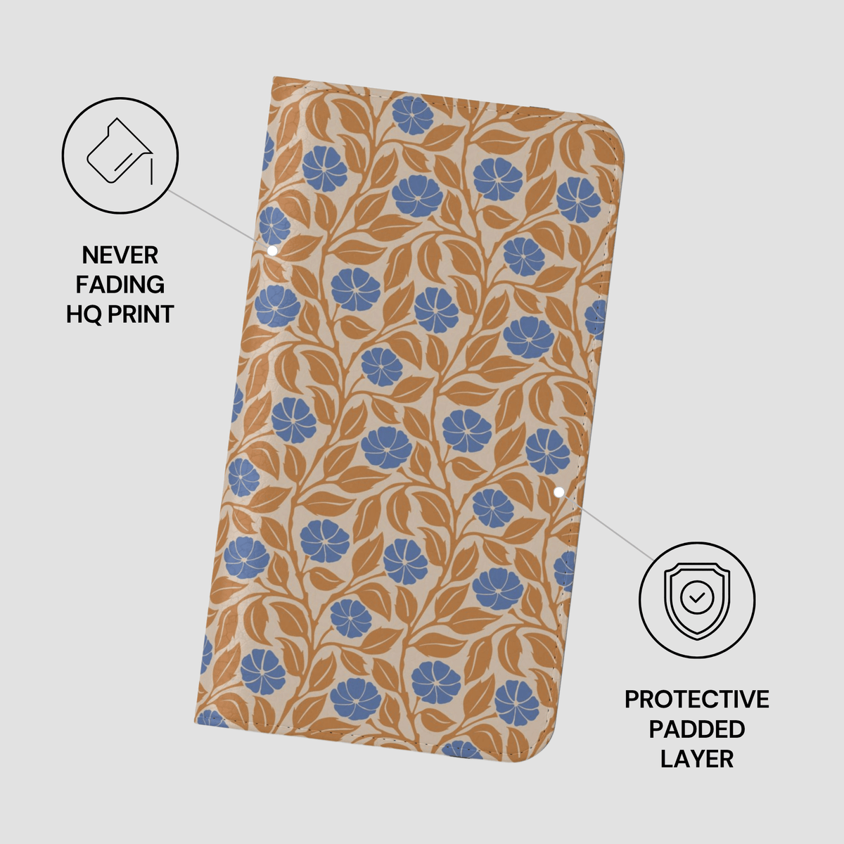 A phone case with a vintage floral pattern in blue and brown on a beige background, shown with feature callout graphics on a light gray background.