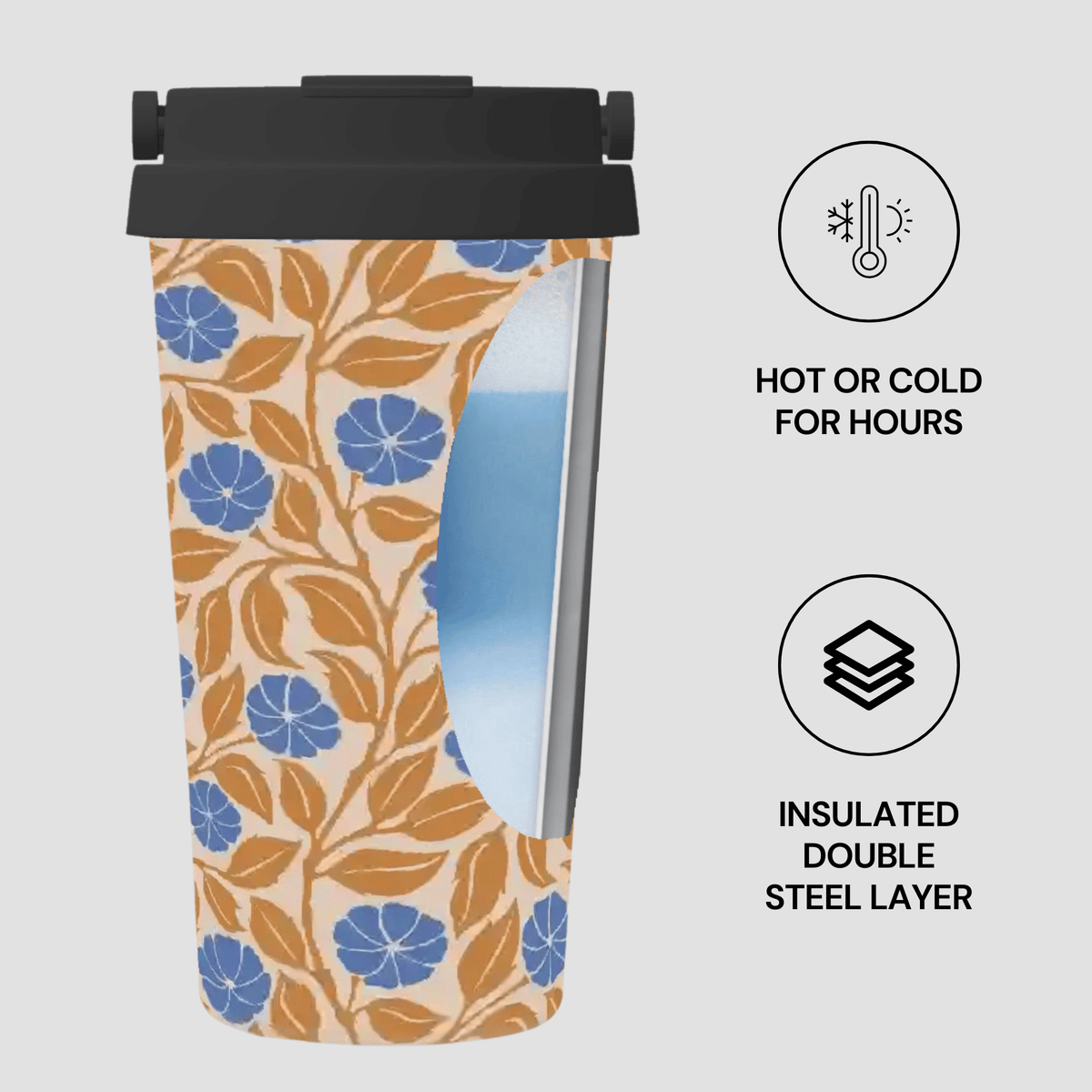 A travel tumbler with a black lid and a floral pattern featuring blue flowers and orange-brown leaves on a light beige background. The tumbler has a clear window showing a blue interior.
