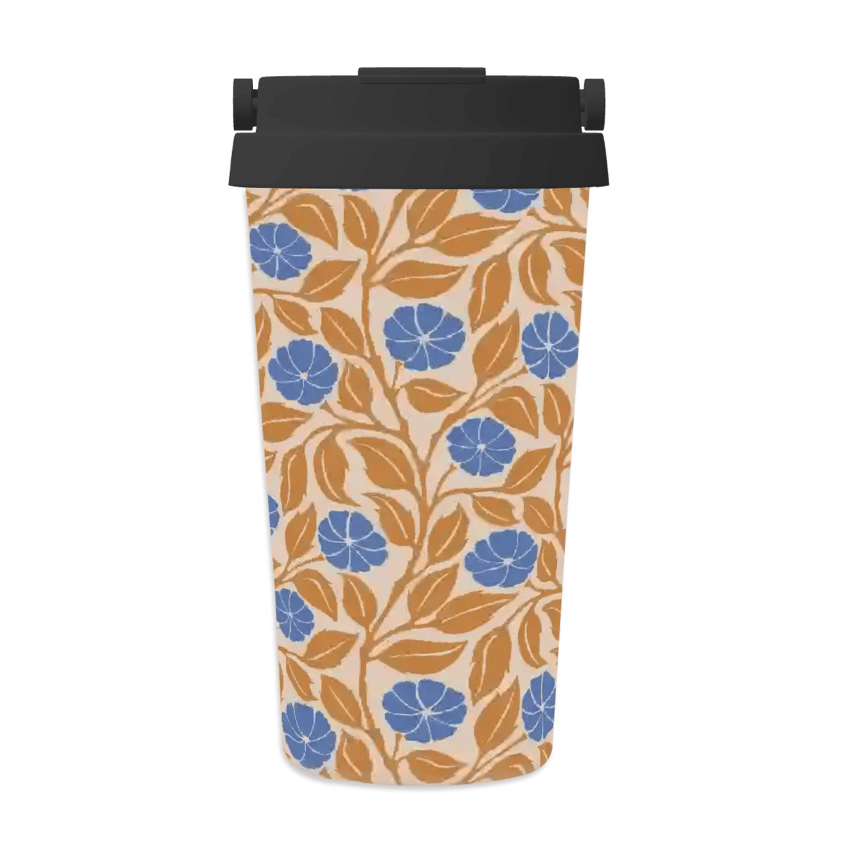 A travel tumbler with a black lid, featuring a cream background with a repeating pattern of blue flowers and orange-brown leaves.