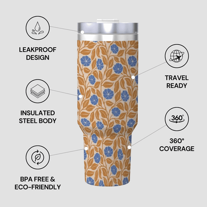 Tumbler with banana pattern and feature text on a gray background