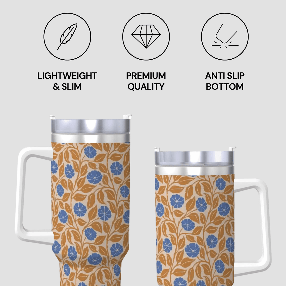 A travel tumbler with a floral pattern wrap shown from two angles on a light gray background, with three feature icons above reading Lightweight & Slim, Premium Quality, and Anti Slip Bottom.
