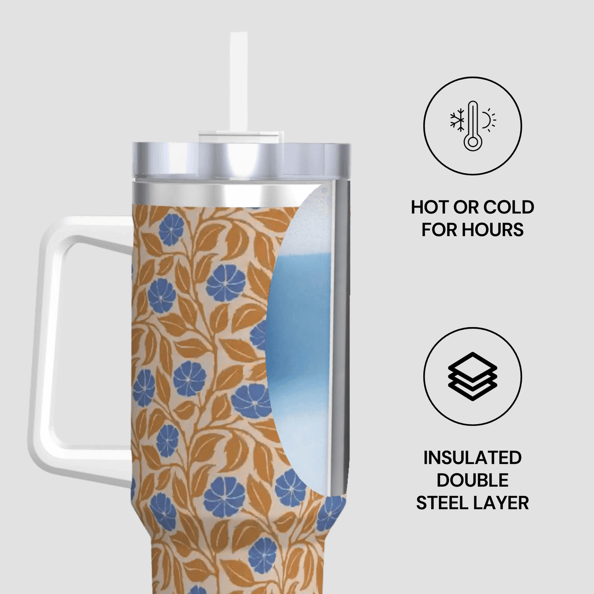 A handled insulated tumbler with a floral pattern in blue and brown on a light beige background, shown with a clear lid and straw. The image includes feature callouts: 'HOT OR COLD FOR HOURS' and 'INSULATED DOUBLE STEEL LAYER' on a light gray background.