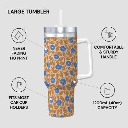 A large handled tumbler with a floral print wrap, shown on a light gray background with callout text and icons describing features like HQ print, comfortable handle, car cup compatibility, and 1200 mL capacity.