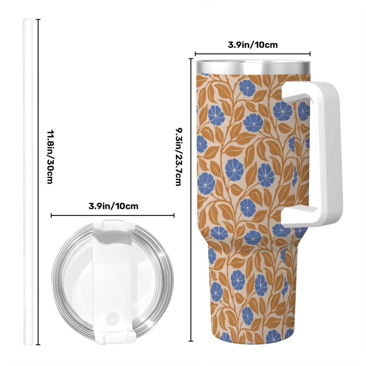 A tall handled tumbler with a beige background and a blue and tan floral pattern, shown with dimension lines and labels for height and lid diameter on a white background.