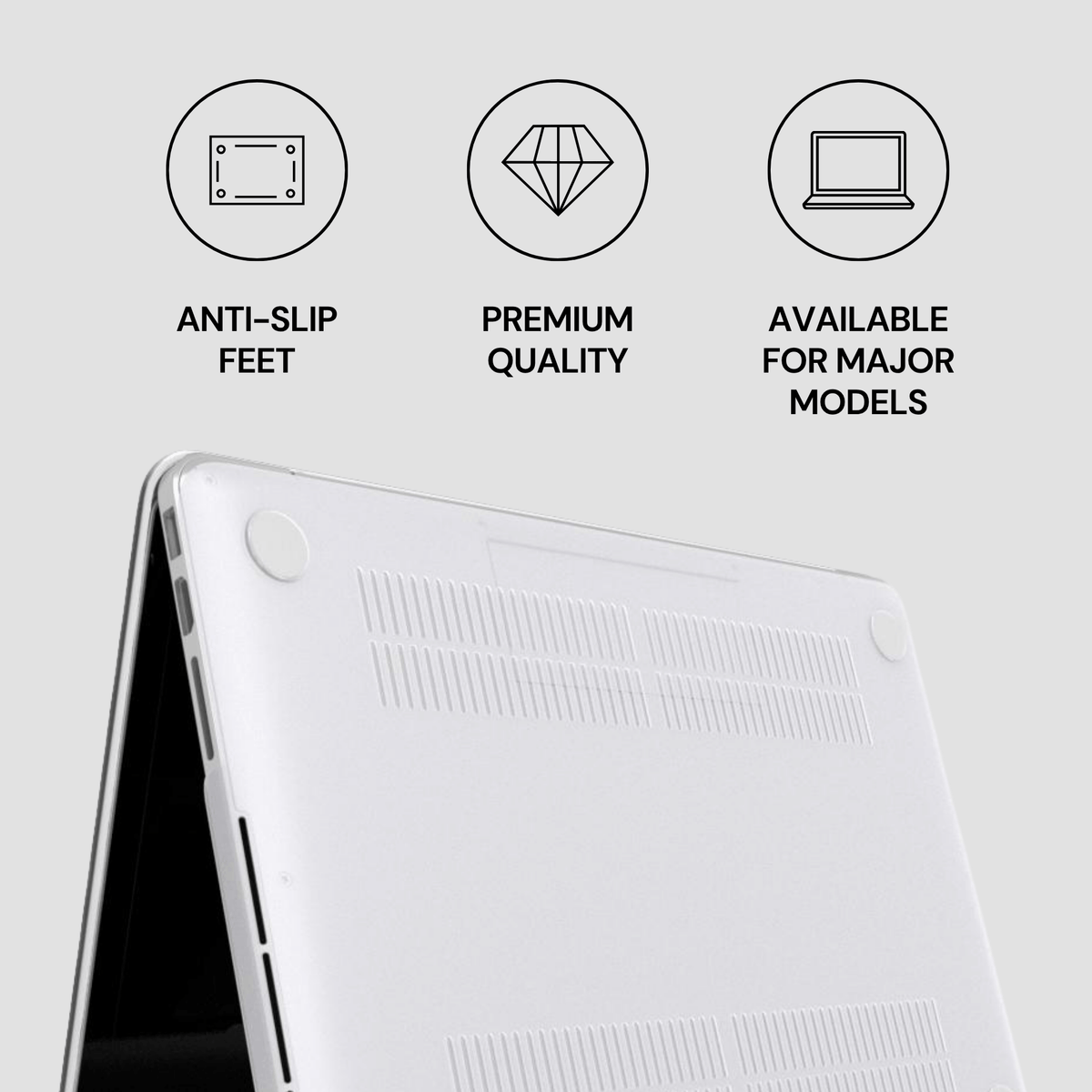 Laptop with features highlighted on a light gray background