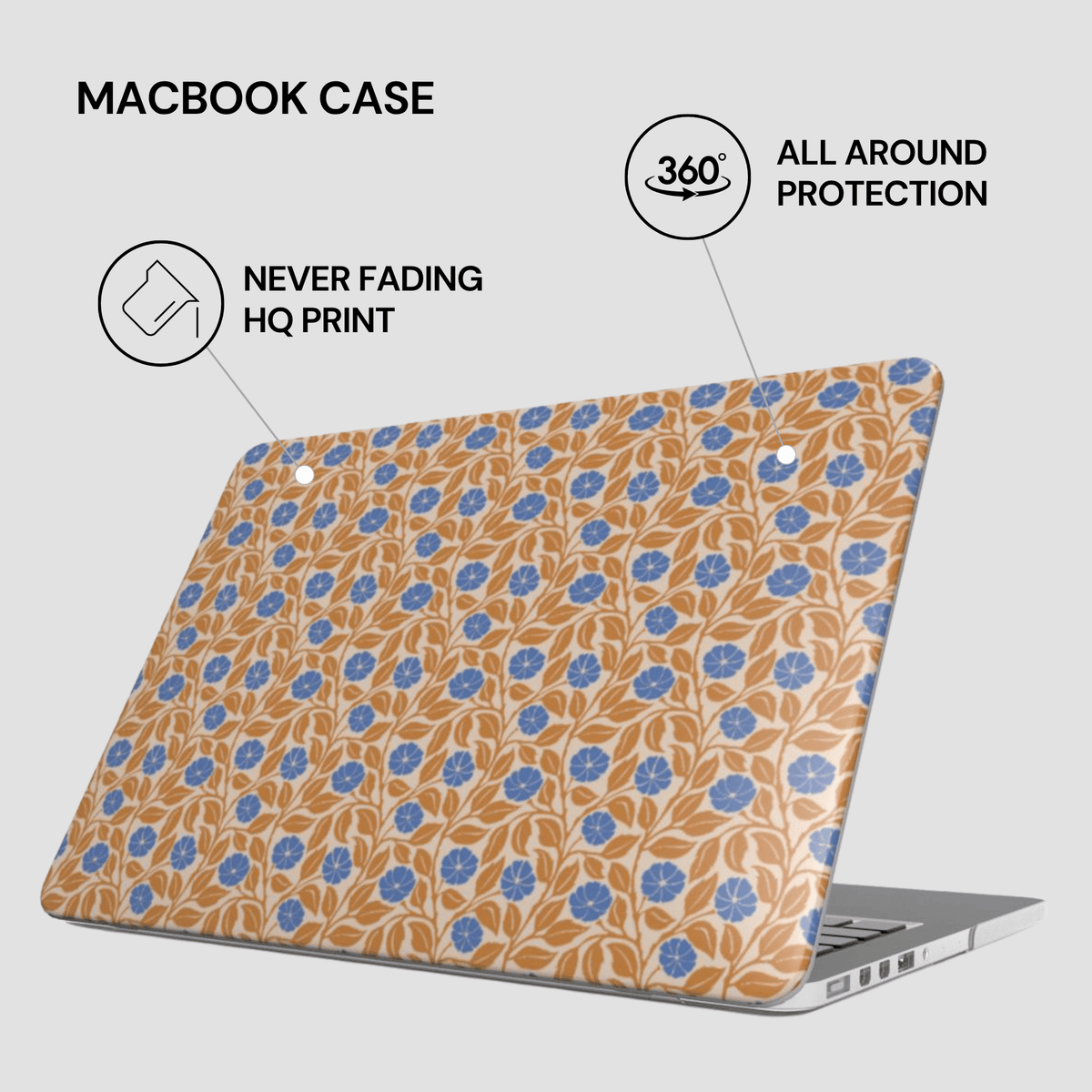 A MacBook case with a repeating floral pattern in blue and tan, shown fitted over a laptop on a light gray background with marketing text and icons about 360-degree all-around protection and HQ print quality.
