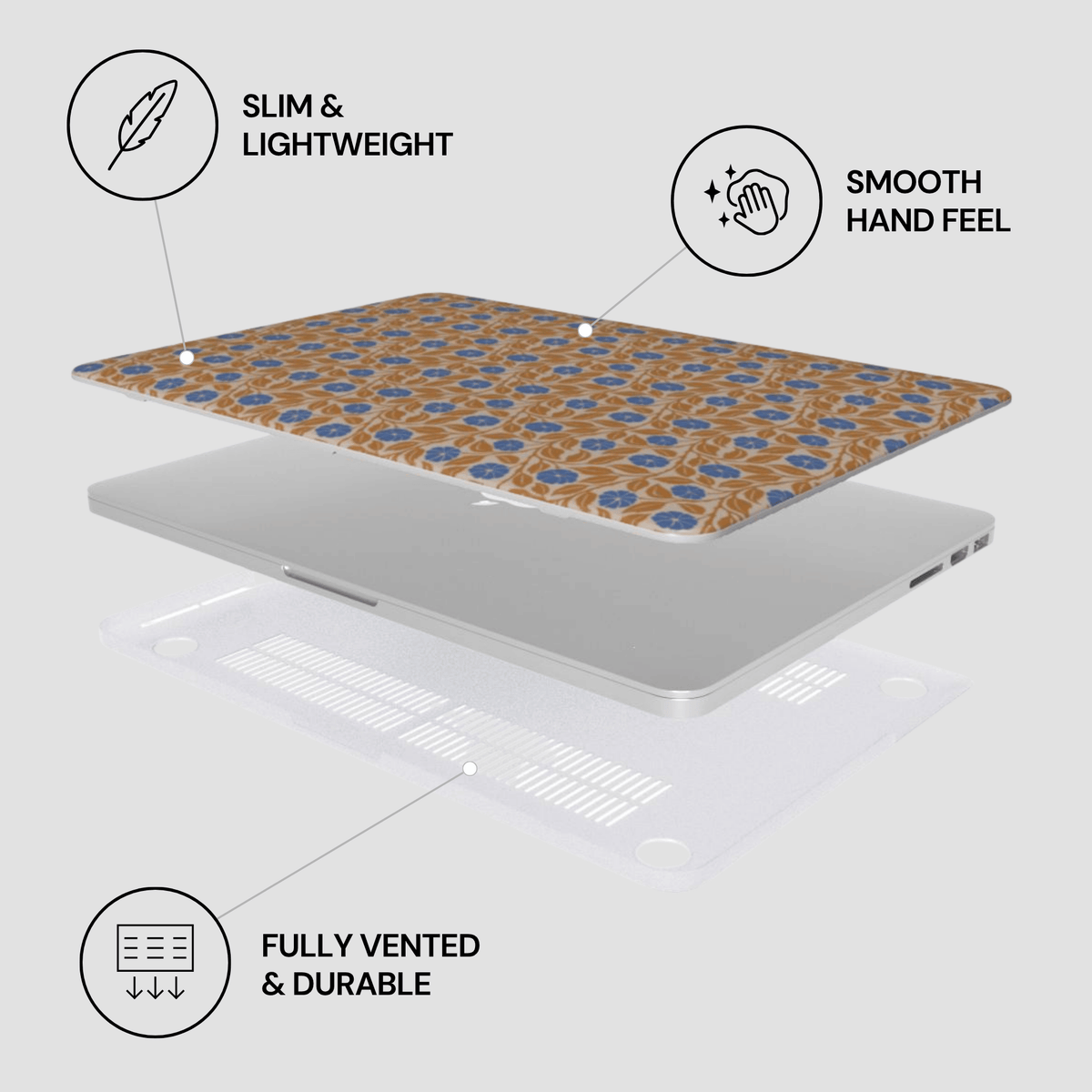 Laptop with a patterned cover on a light gray background, featuring text labels about the product's features.