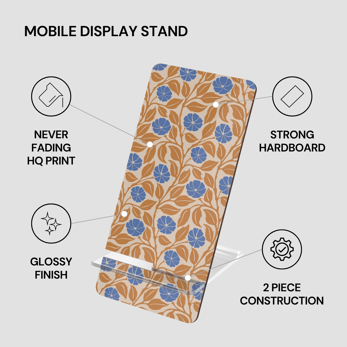 A mobile display stand with a tan, blue, and white floral pattern, shown on a light gray background with callout text and icons highlighting its features: never fading HQ print, strong hardboard, glossy finish, and 2-piece construction.