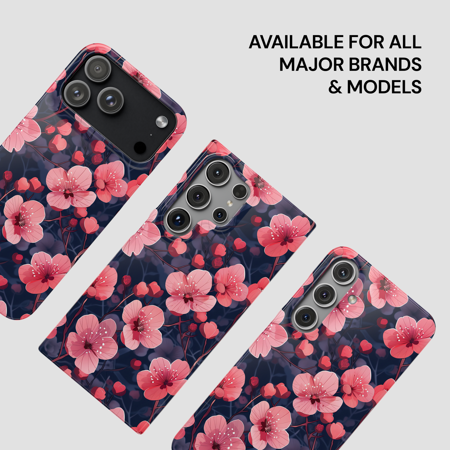 Floral phone case with pink flowers on a dark background, available for all major brands and models.