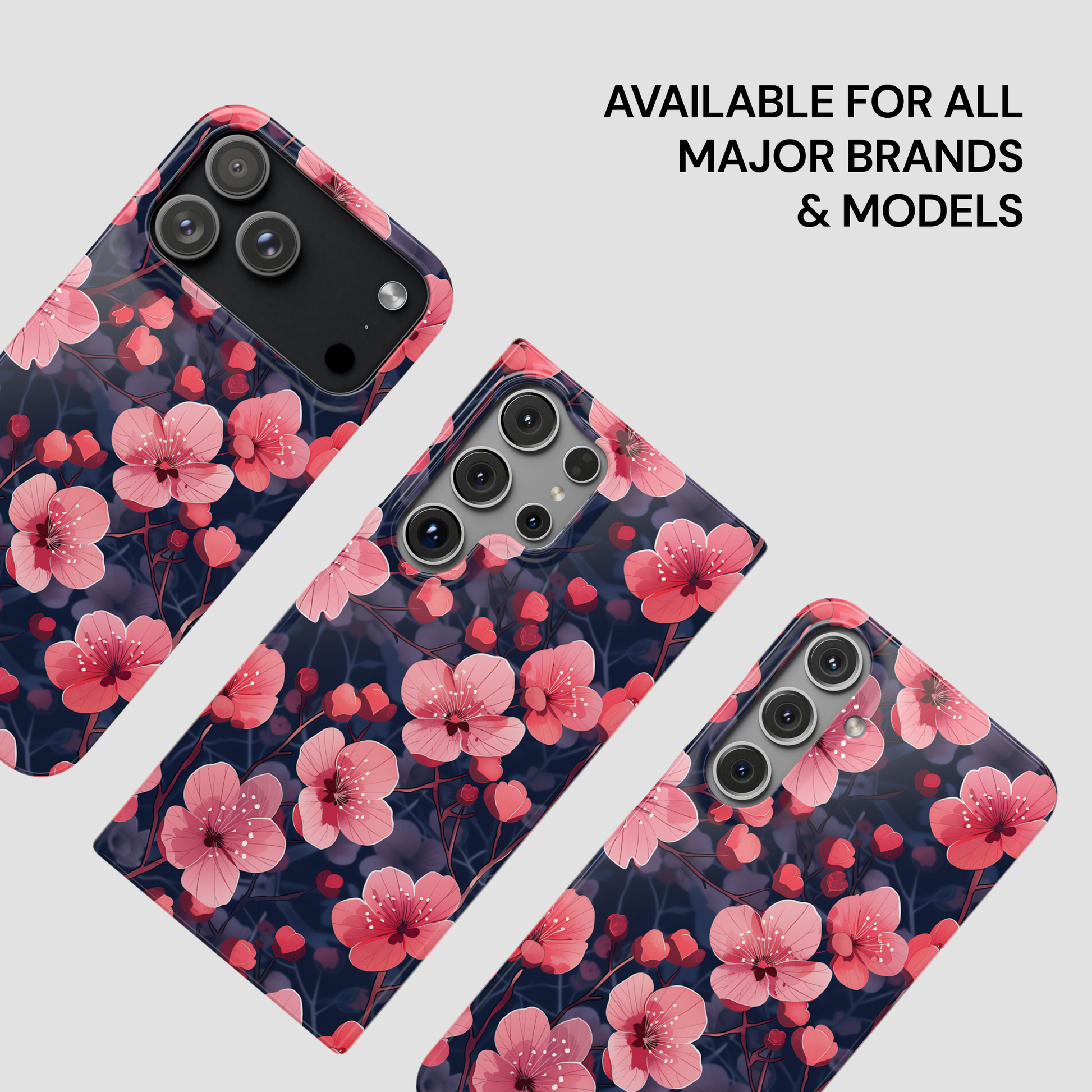 Floral phone case with pink flowers on a dark background, available for all major brands and models.