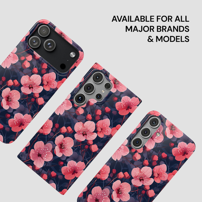 Floral phone case with pink flowers on a dark background, available for all major brands and models.