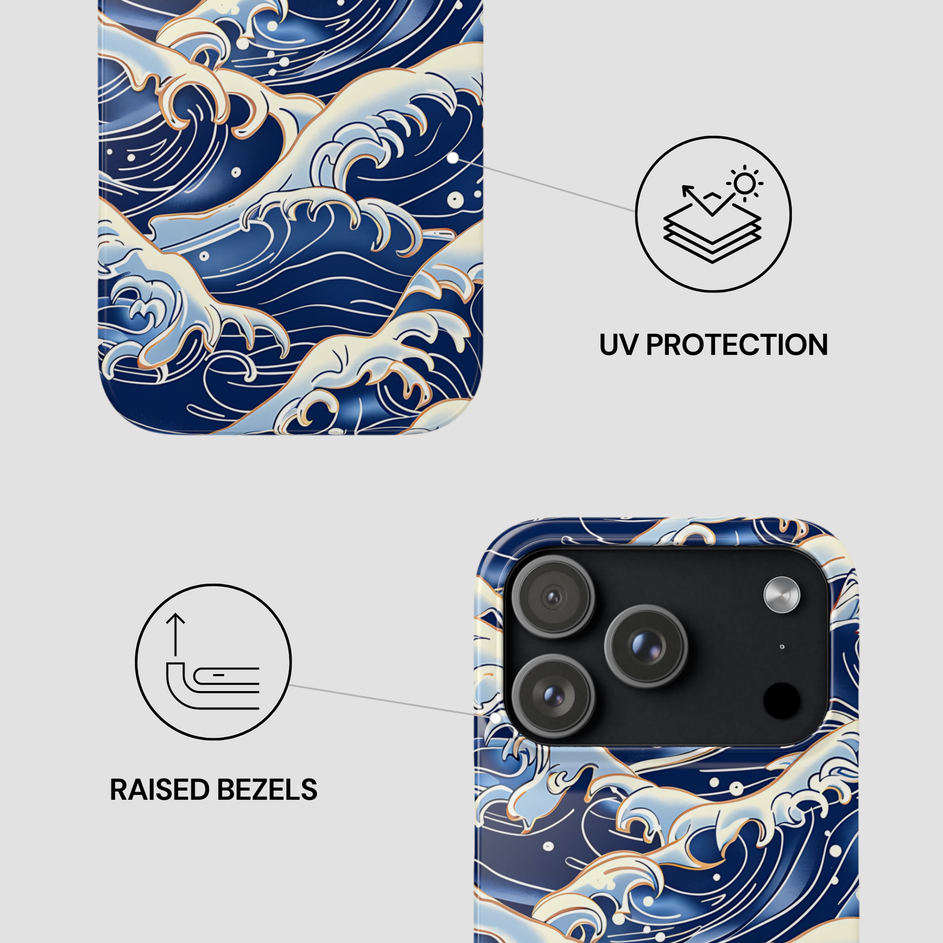 Phone case with wave design, UV protection, and raised bezels features on a gray background | Casenari