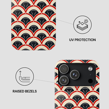 Phone case with geometric pattern, UV protection, and raised bezels features on a white background