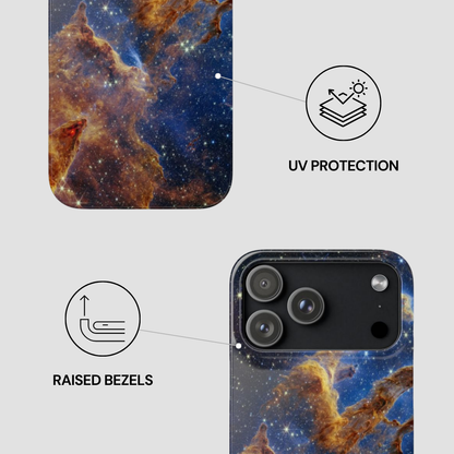 Phone case with space-themed design and UV protection and raised bezels features.