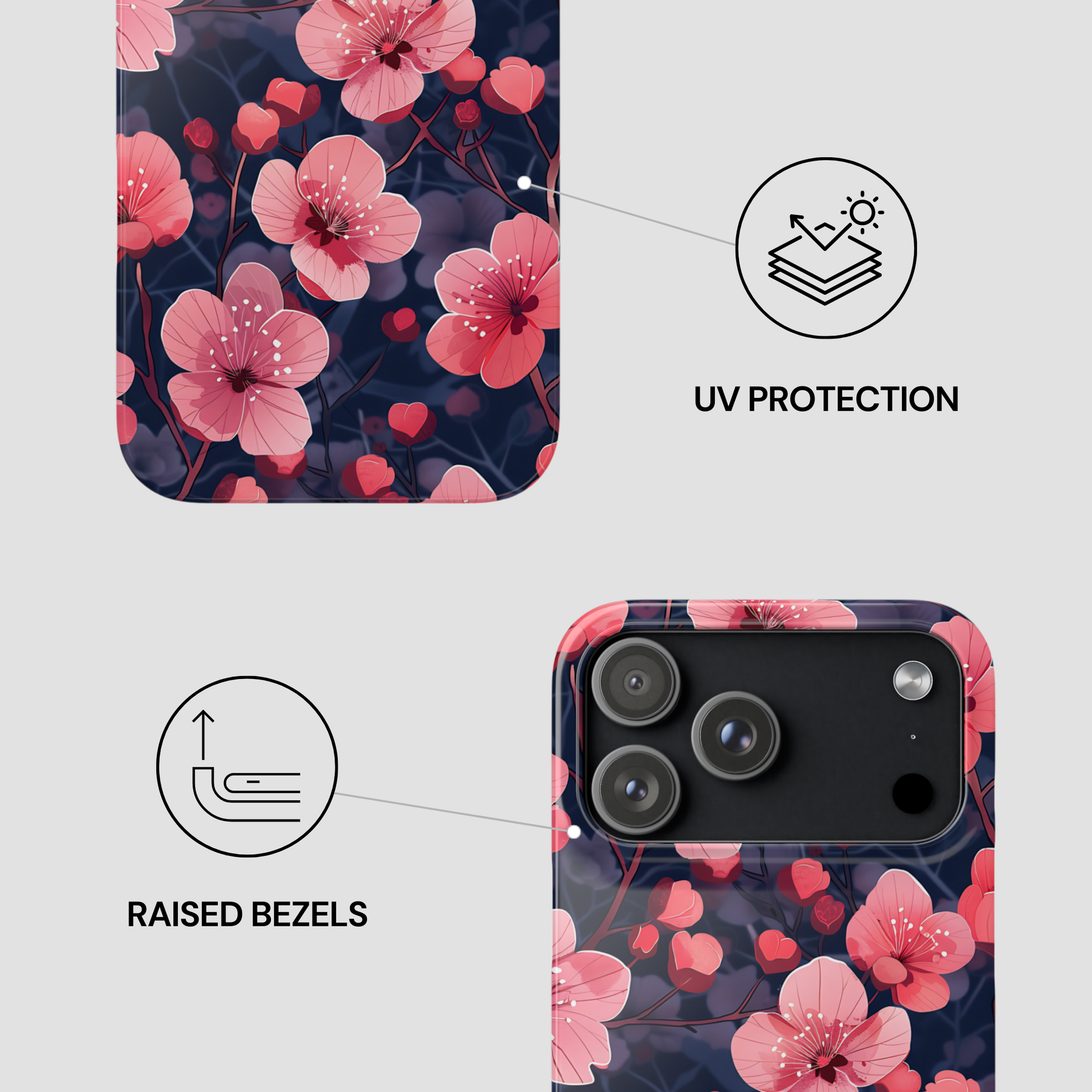 Phone case with floral design and UV protection and raised bezels features
