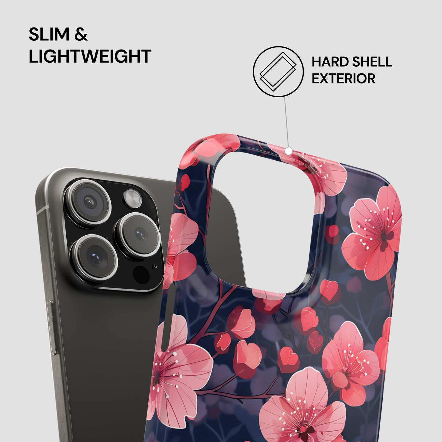 Floral phone case with text highlighting slim, lightweight, and hard shell exterior features.