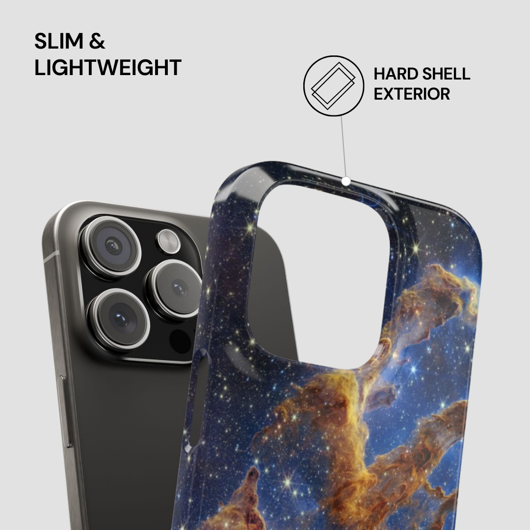 Phone case with space-themed design and text highlighting 'Slim & Lightweight' and 'Hard Shell Exterior'.