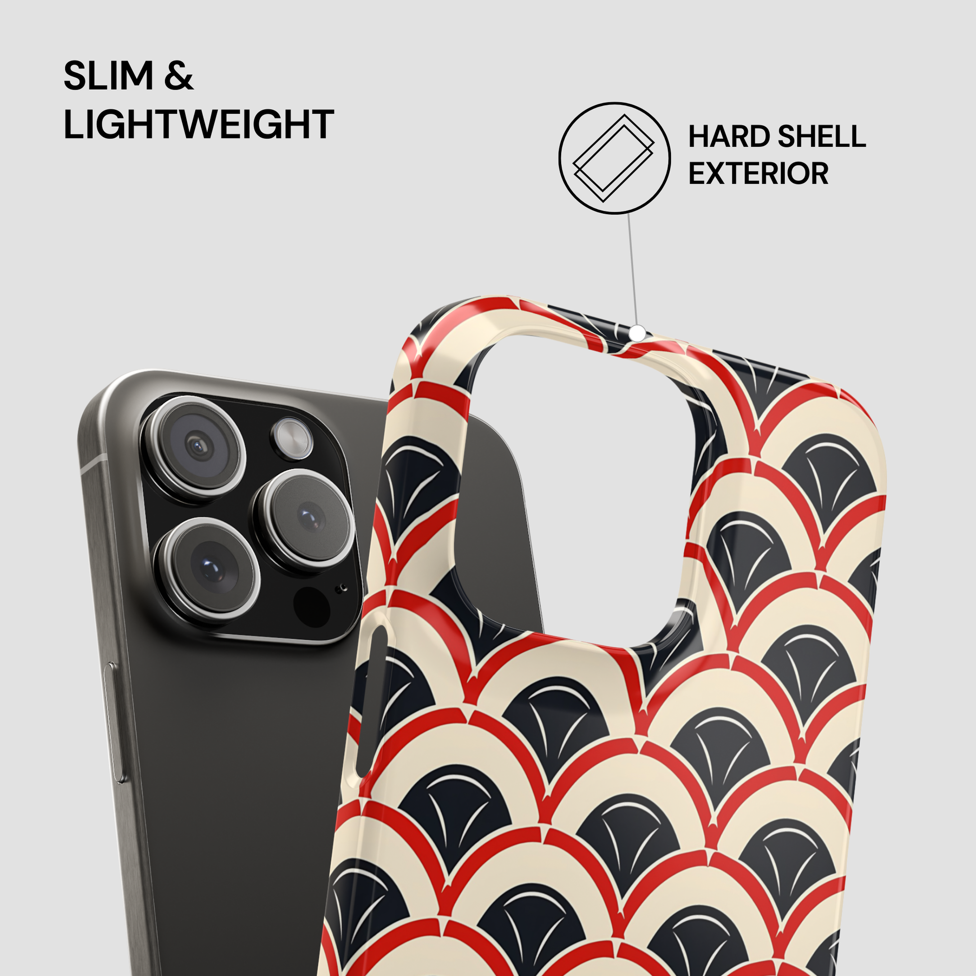 Phone case with geometric pattern next to a phone, labeled 'Slim & Lightweight' and 'Hard Shell Exterior'.
