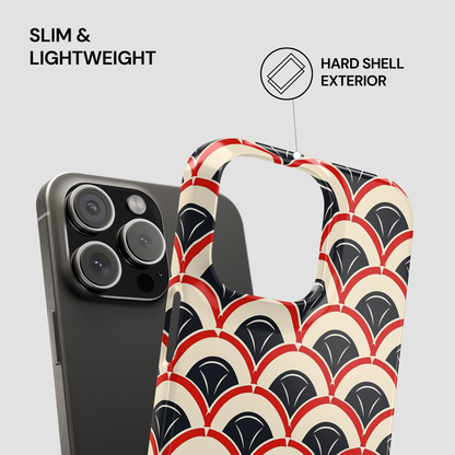 Phone case with geometric pattern next to a phone, labeled 'Slim & Lightweight' and 'Hard Shell Exterior'.