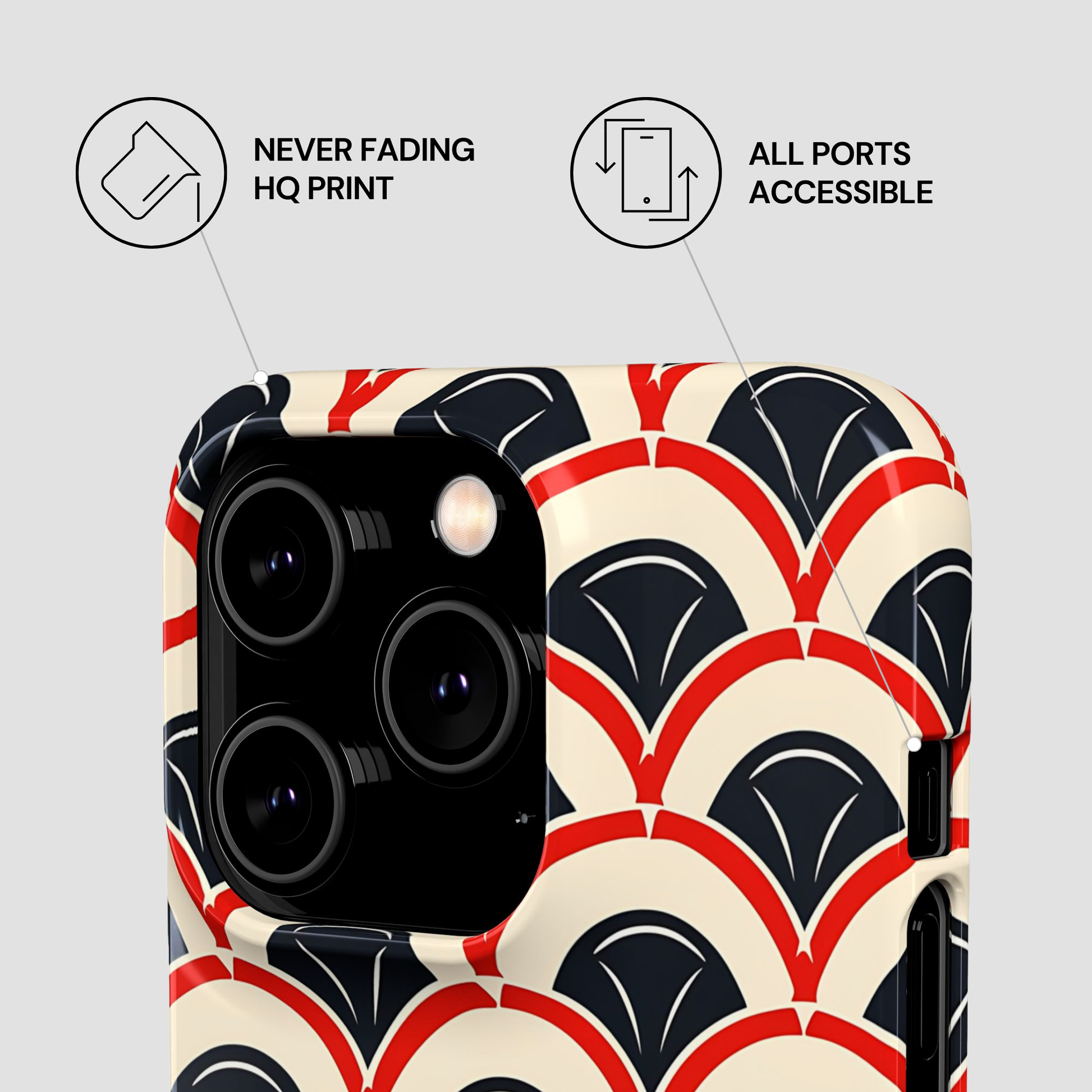 Phone case with geometric pattern on a light gray background