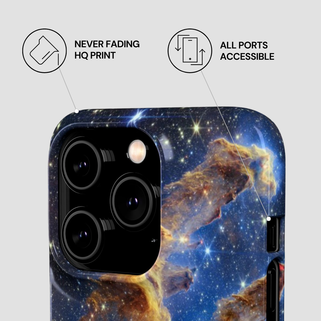 Phone case with space-themed design and text indicating features like 'Never Fading HQ Print' and 'All Ports Accessible'.