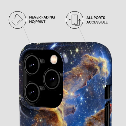 Phone case with space-themed design and text indicating features like 'Never Fading HQ Print' and 'All Ports Accessible'.