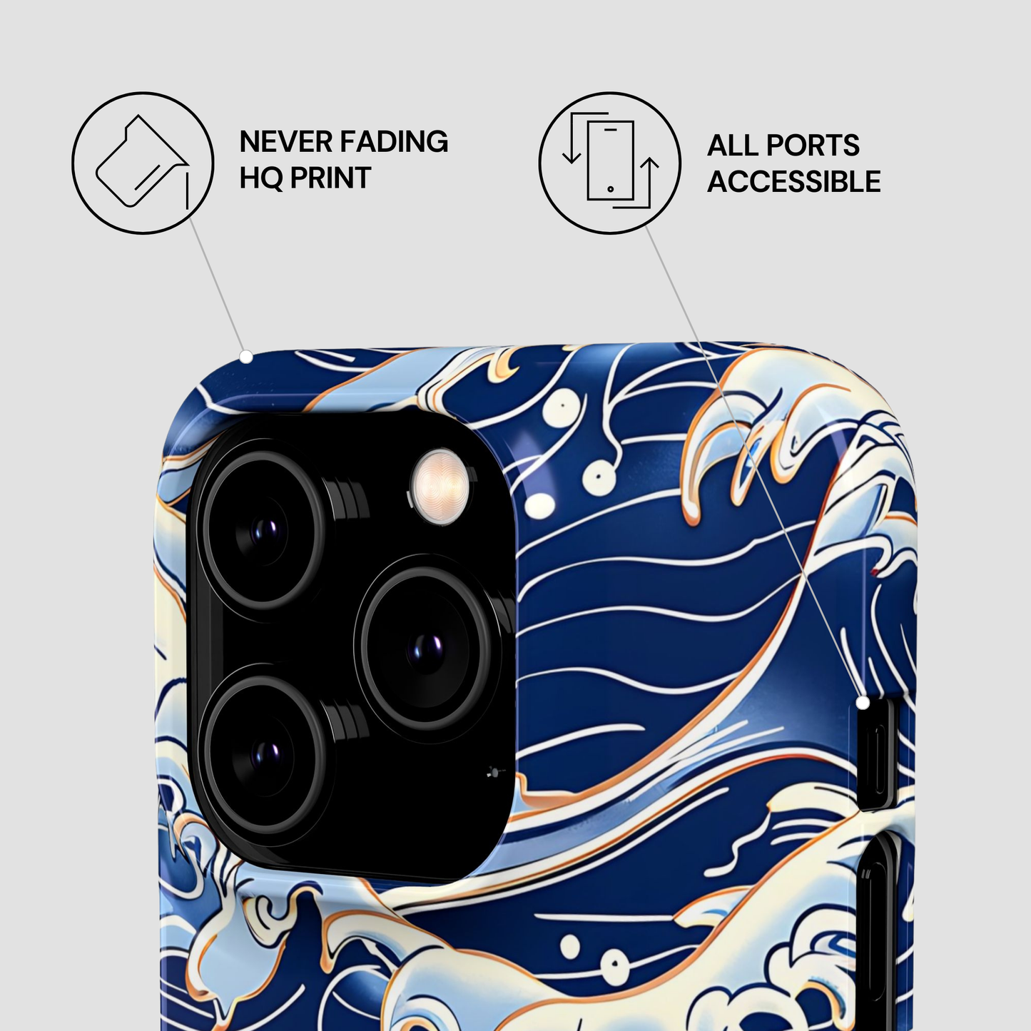 Phone case with wave design and text about features on a light gray background | Casenari