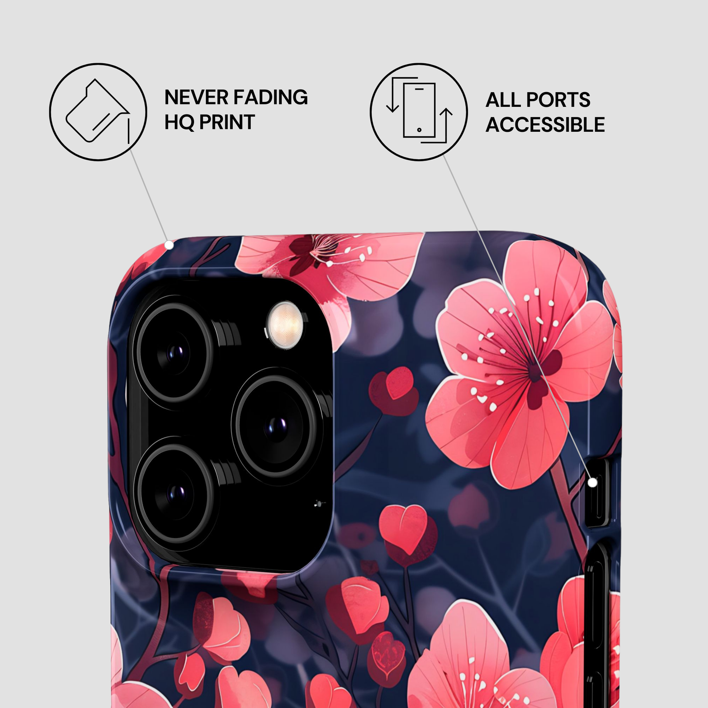 Phone case with pink floral design on a blue background, featuring icons and text about print quality and port accessibility.