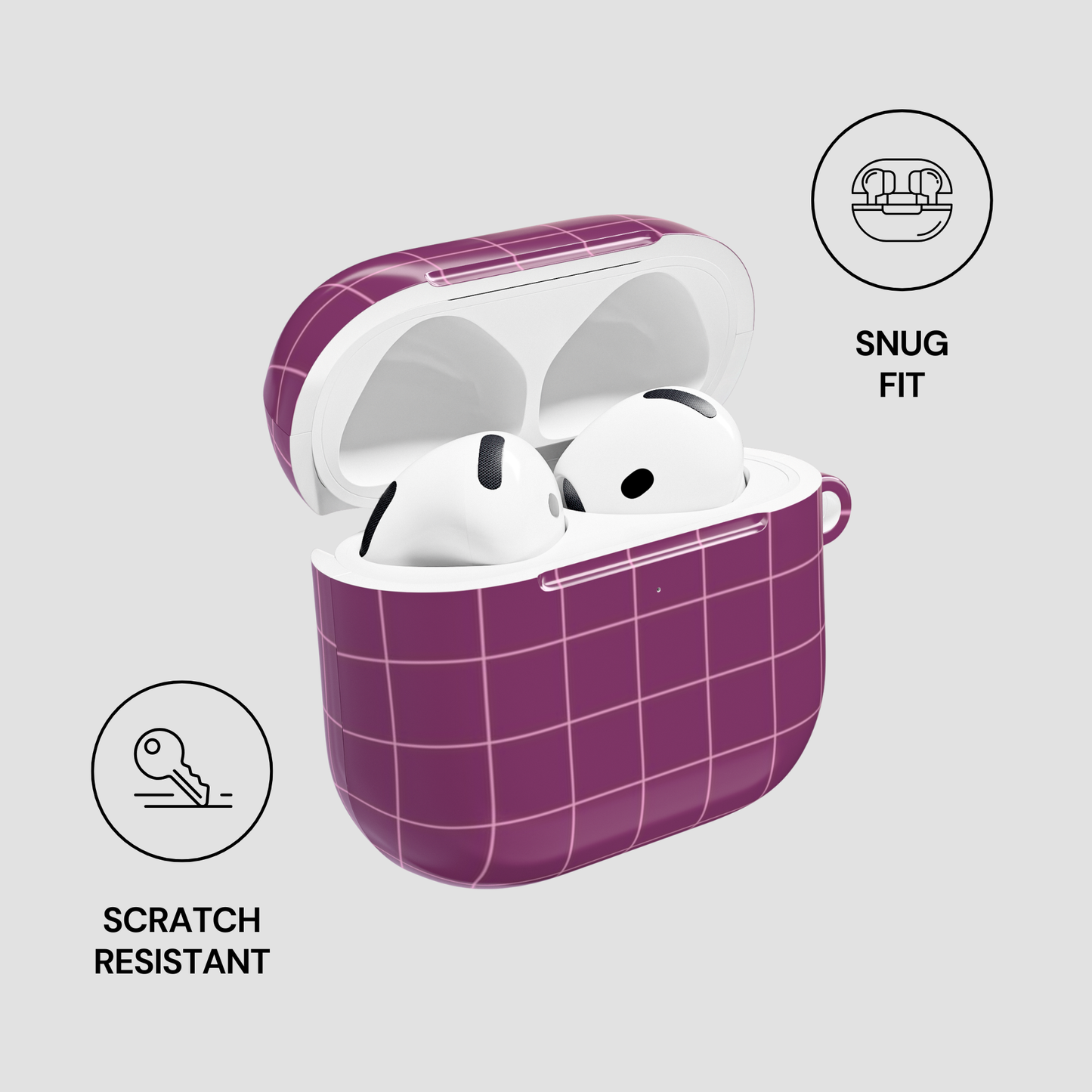 Purple checkered case with white wireless earbuds on a light gray background