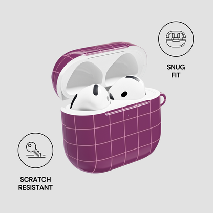 Purple checkered case with white wireless earbuds on a light gray background
