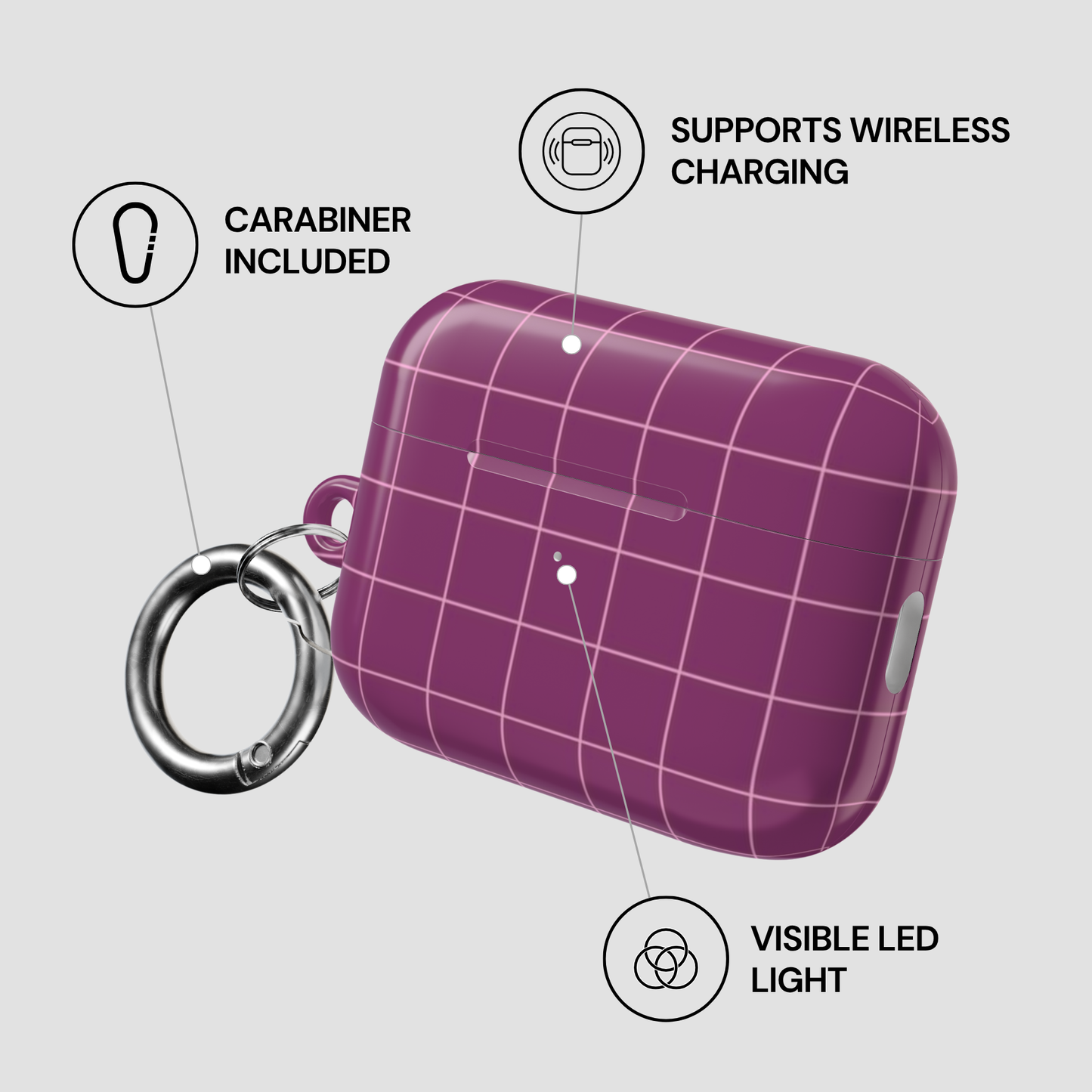 Purple grid-patterned case with carabiner and wireless charging features on a gray background