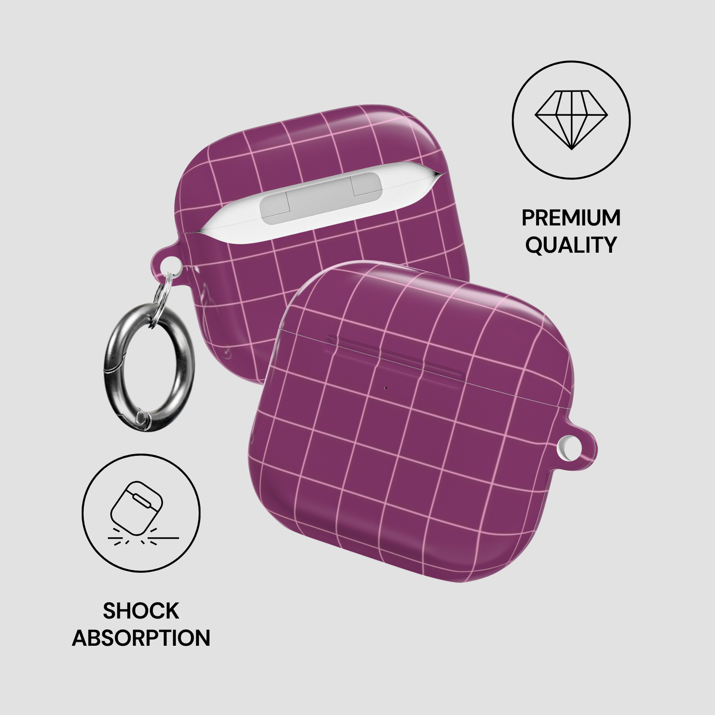 Purple grid-patterned case with a keychain on a light gray background, featuring icons and text about premium quality and shock absorption.