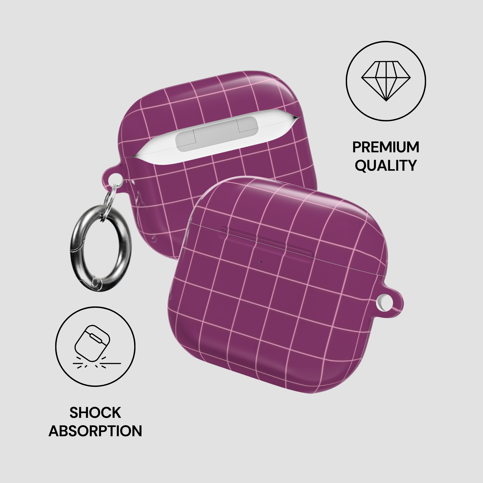 Purple grid-patterned case with a keychain on a light gray background, featuring icons and text about premium quality and shock absorption.