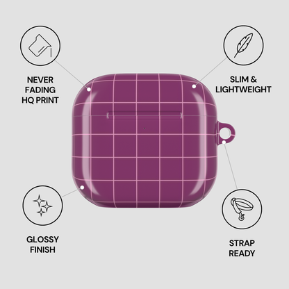 Purple grid-patterned case with features listed on a gray background