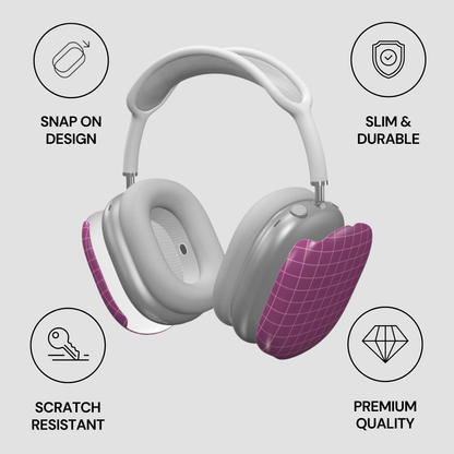 White headphones with purple accents on a gray background with feature icons.
