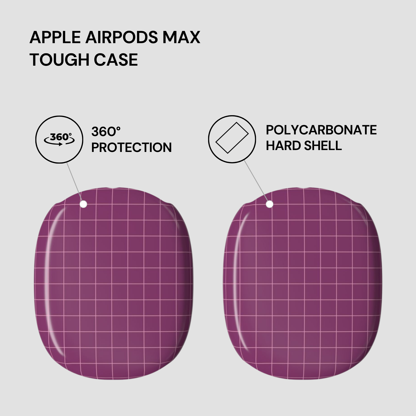 Purple tough case for Apple AirPods Max with text highlighting features on a light gray background
