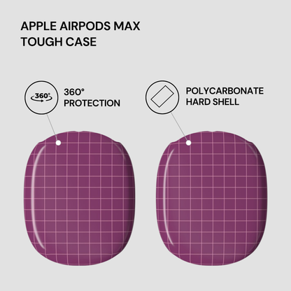 Purple tough case for Apple AirPods Max with text highlighting features on a light gray background