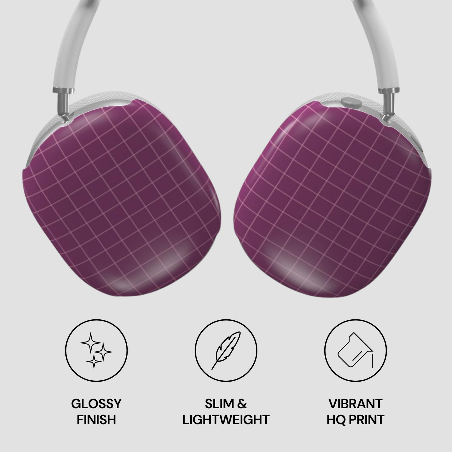 Purple headphones with grid pattern on a light gray background